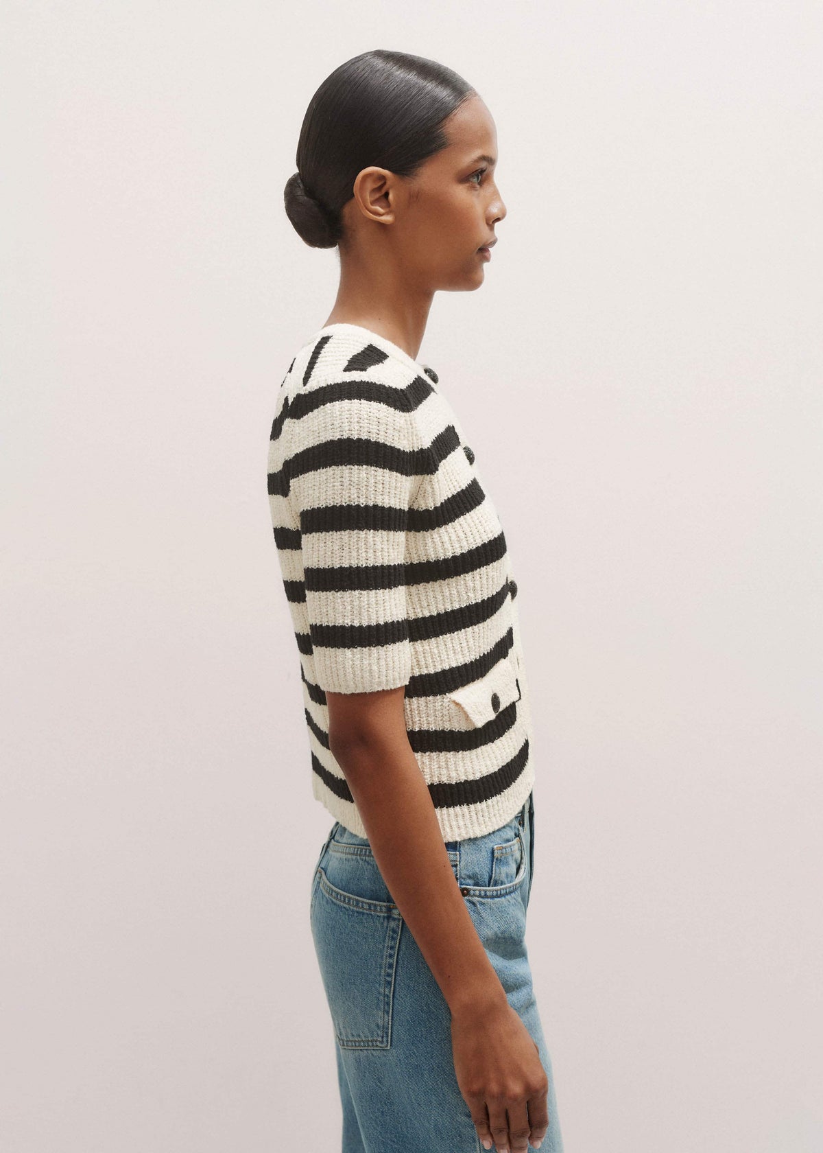 Cream Bouclé Stripe Short Sleeve Cardigan | ME+EM