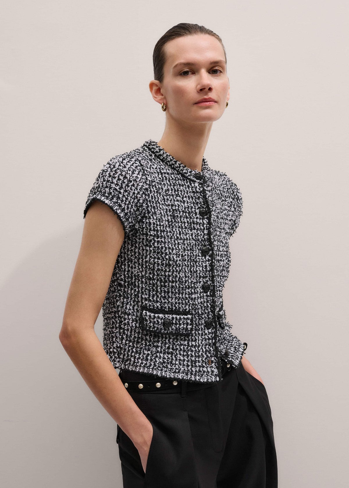 Black Tweed Knit Pouf Sleeve Crop Jacket | ME+EM