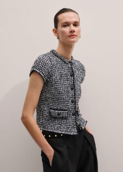 Black Tweed Knit Pouf Sleeve Crop Jacket | ME+EM