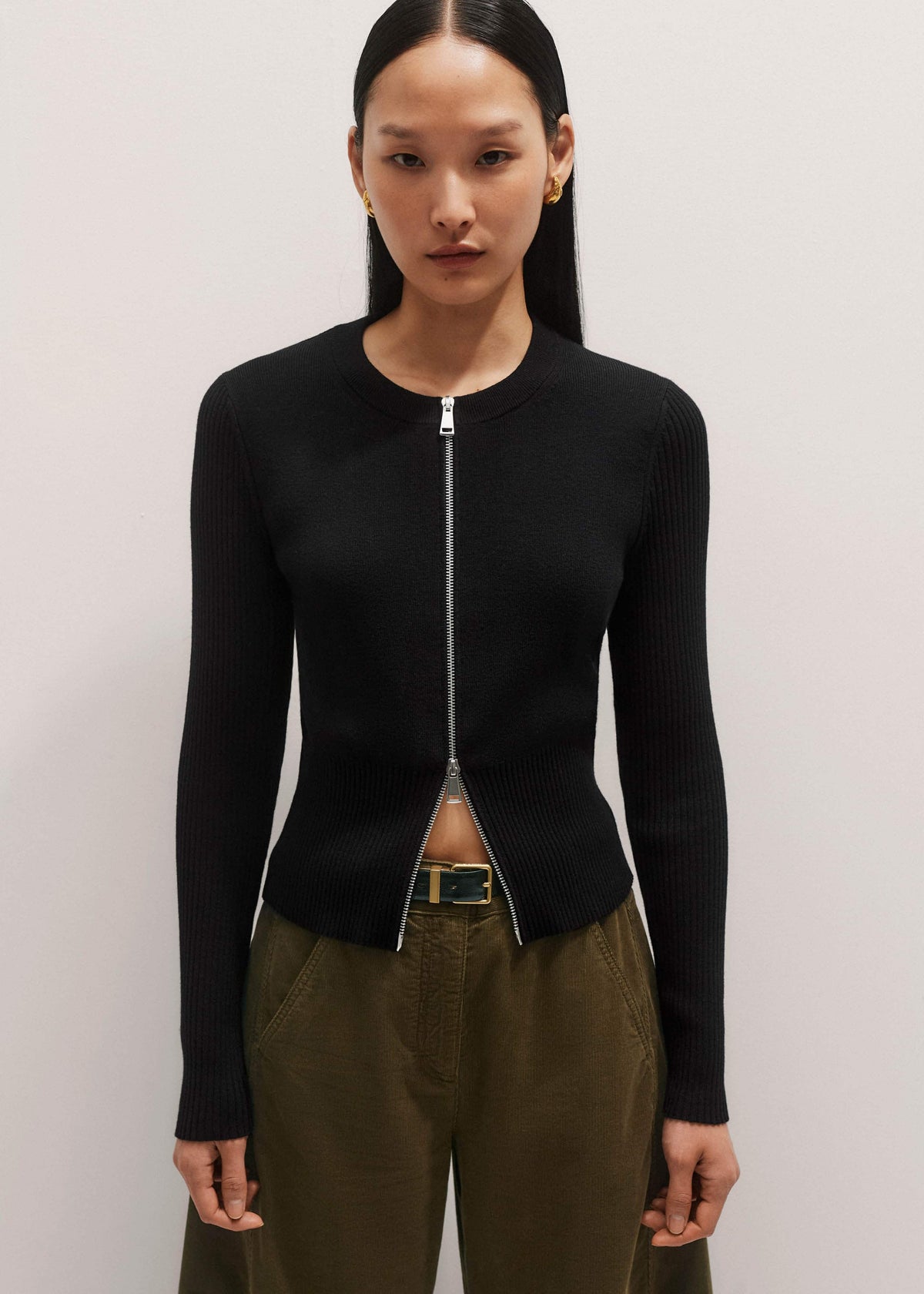 Black Milano Knit Two-Way Zip Cardigan | ME+EM