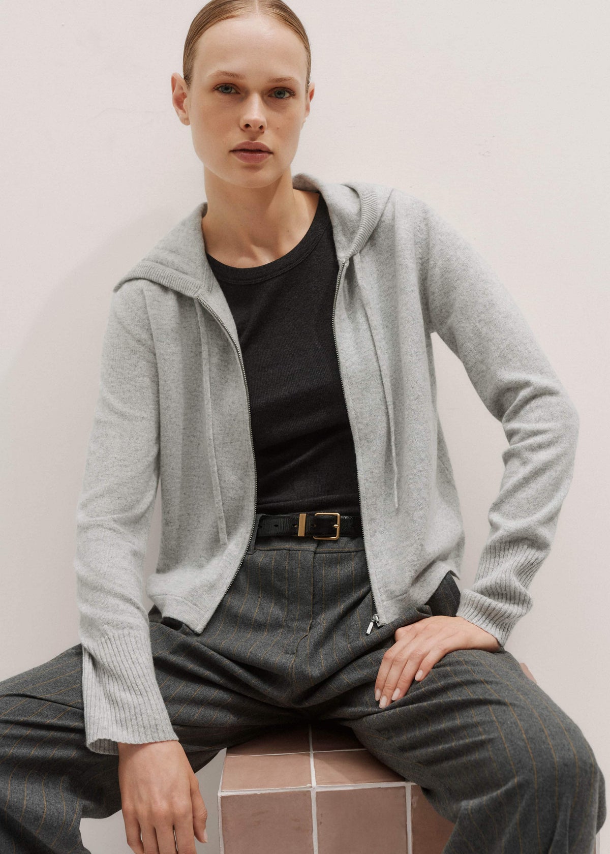 Silver Gray Mélange Cashmere Relaxed Fit Box Zip Hoodie | ME+EM