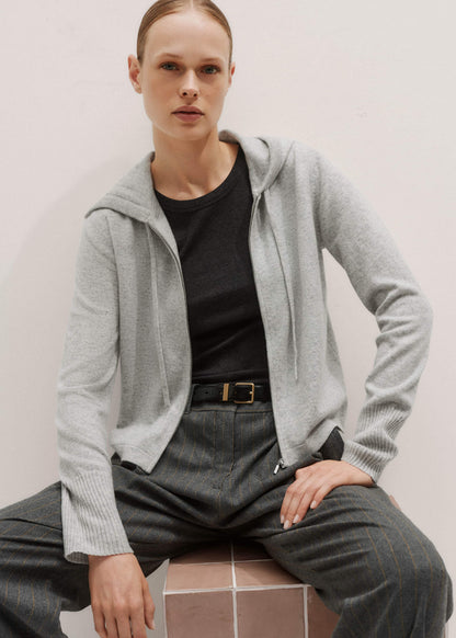 Silver Gray Mélange Cashmere Relaxed Fit Box Zip Hoodie | ME+EM
