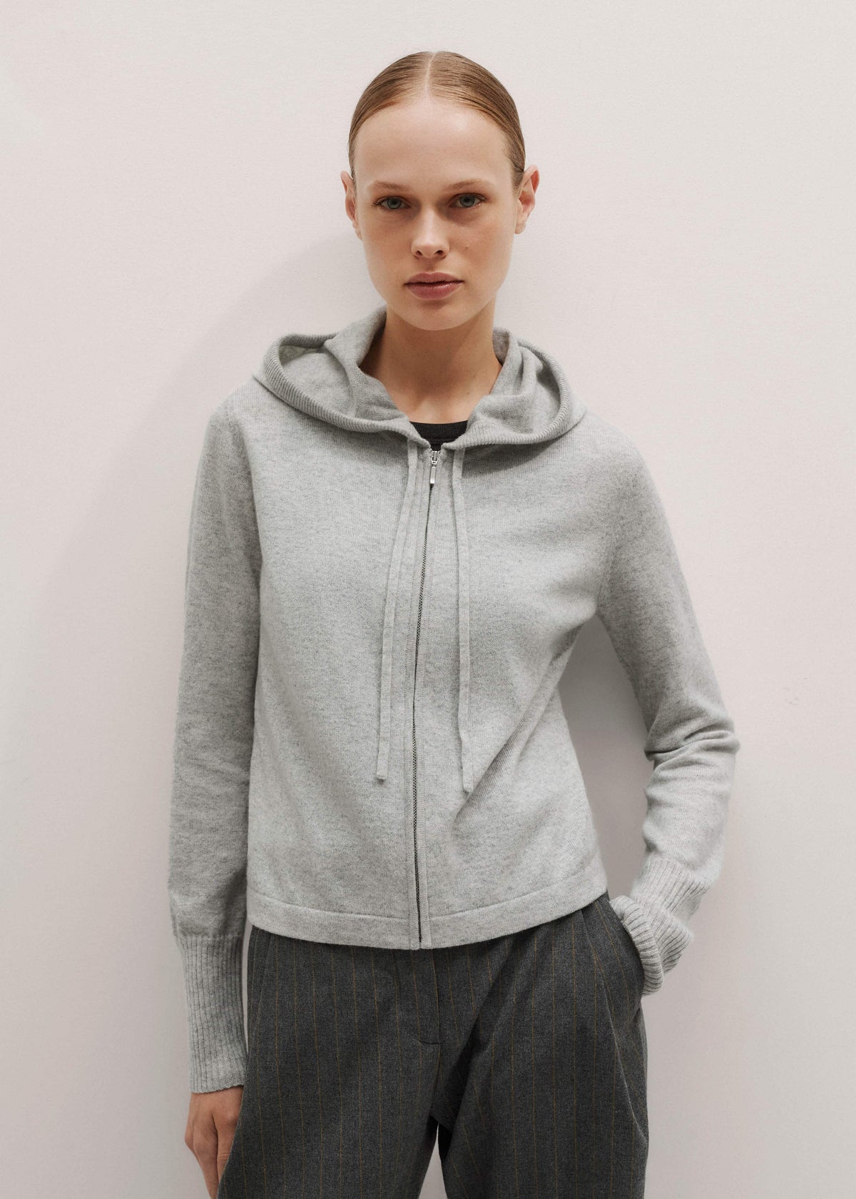 Silver Gray Mélange Cashmere Relaxed Fit Box Zip Hoodie | ME+EM
