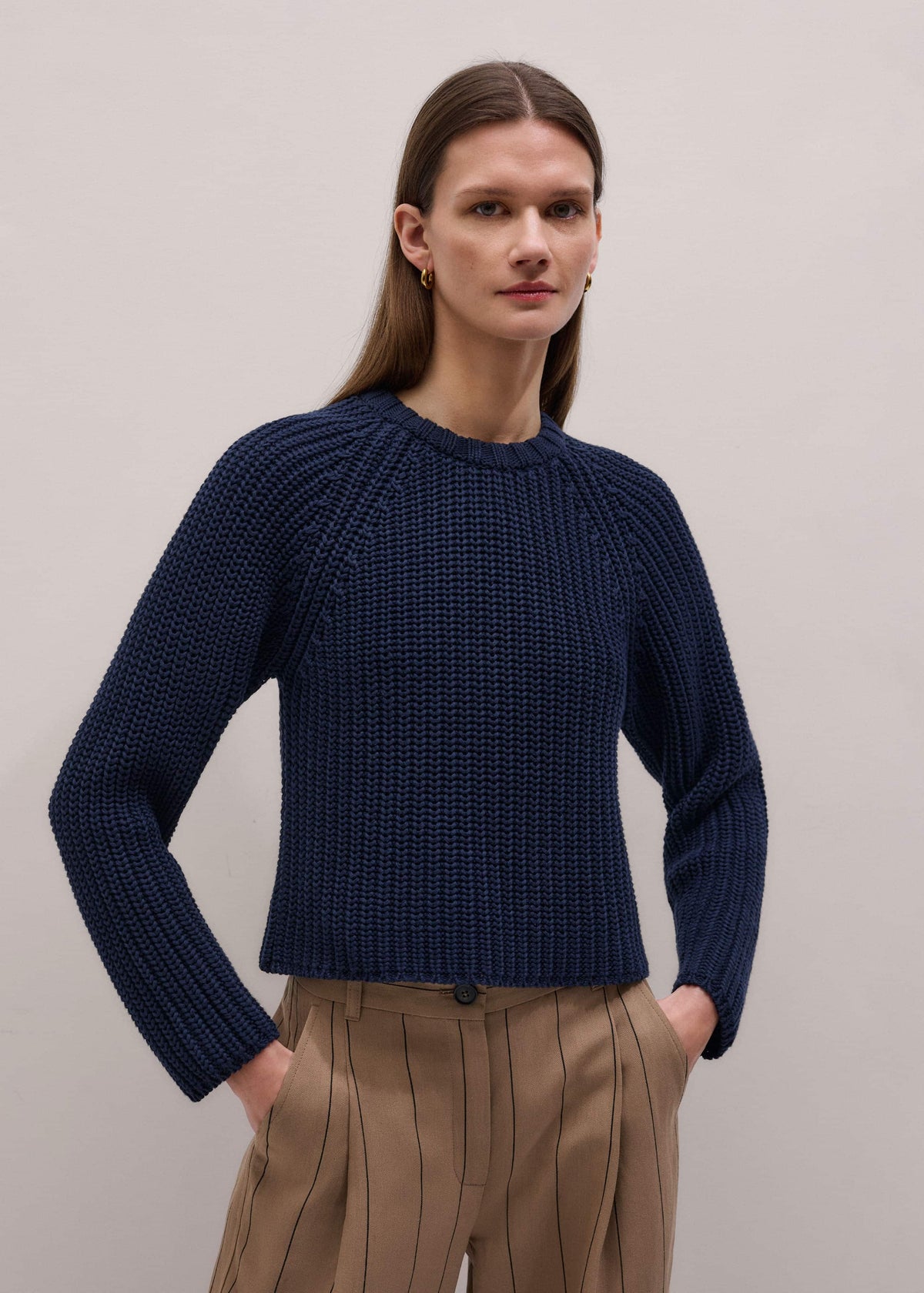 Navy Chunky Cotton Raglan Sweater | ME+EM