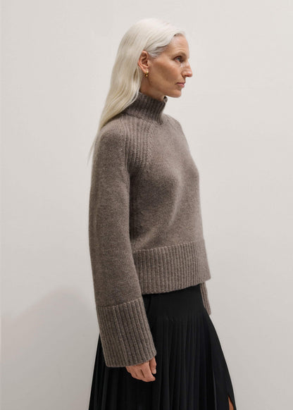 Brown Cashmere High Neck Relaxed Statement Sweater | ME+EM
