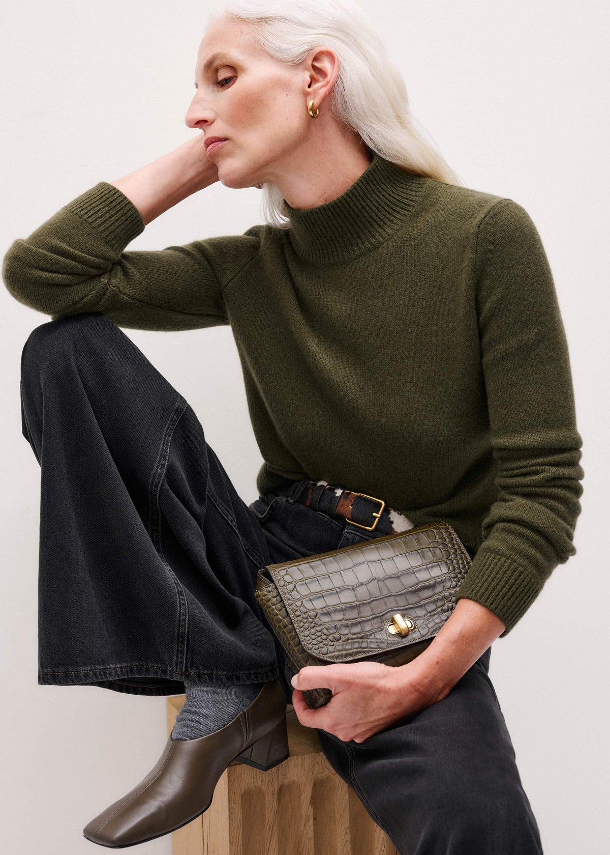 Olive Green High Neck Crop Sweater | ME+EM