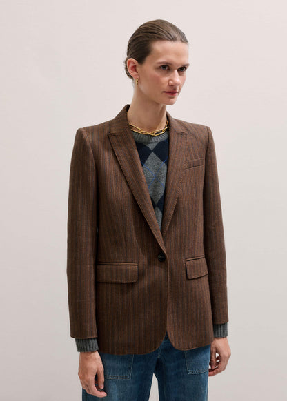 Brown Pinstripe Sharp Shoulder Blazer | ME+EM