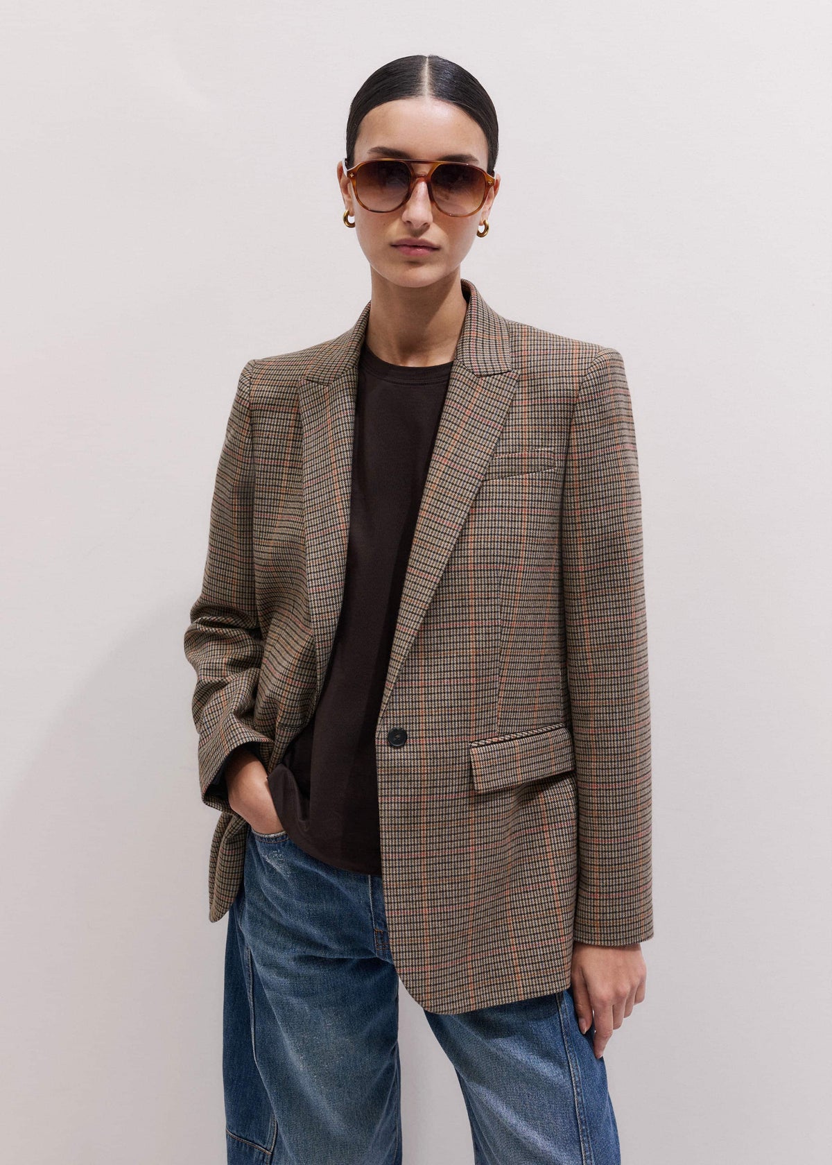 Brown Check Sharp Shoulder Blazer | ME+EM