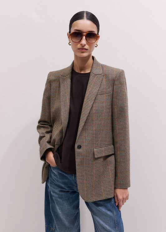 Brown Check Sharp Shoulder Blazer | ME+EM