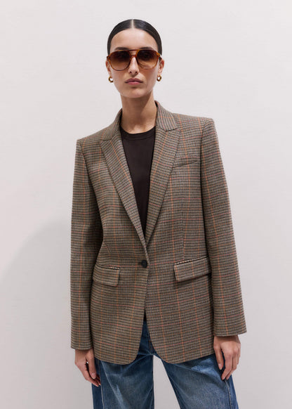 Brown Check Sharp Shoulder Blazer | ME+EM