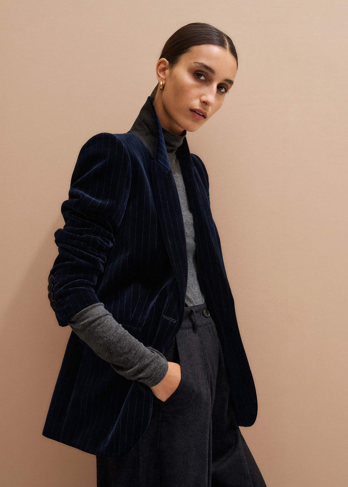 Navy Pinstripe Velvet Sharp Shoulder Blazer | ME+EM