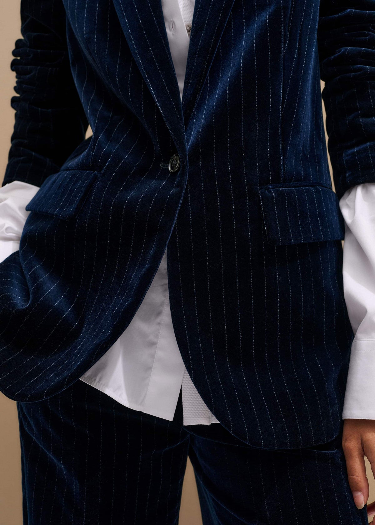 Navy Pinstripe Velvet Sharp Shoulder Blazer | ME+EM