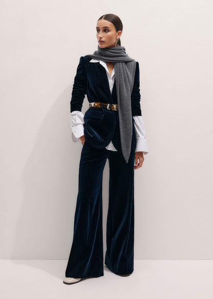 Navy Pinstripe Velvet Sharp Shoulder Blazer | ME+EM