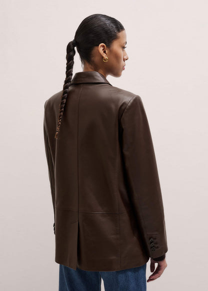 Brown Leather Luxe Relaxed Boyfriend Blazer | ME+EM