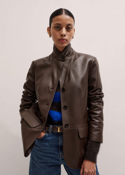 Brown Leather Luxe Relaxed Boyfriend Blazer | ME+EM