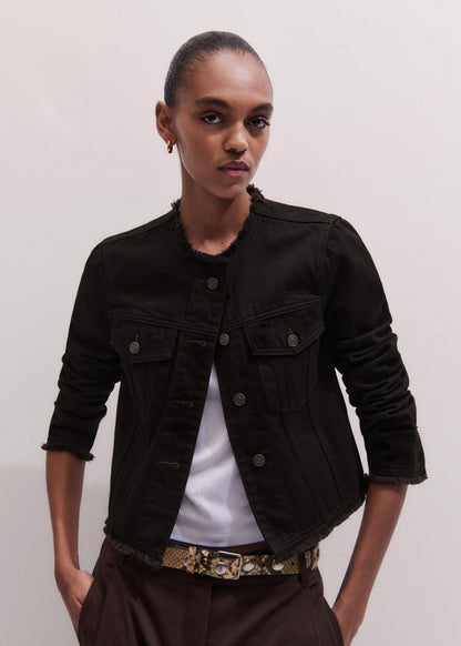 Black Collarless Fray Jacket | ME+EM