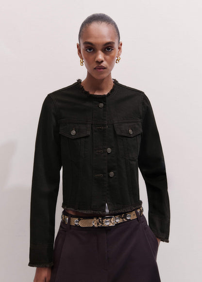 Black Collarless Fray Jacket | ME+EM