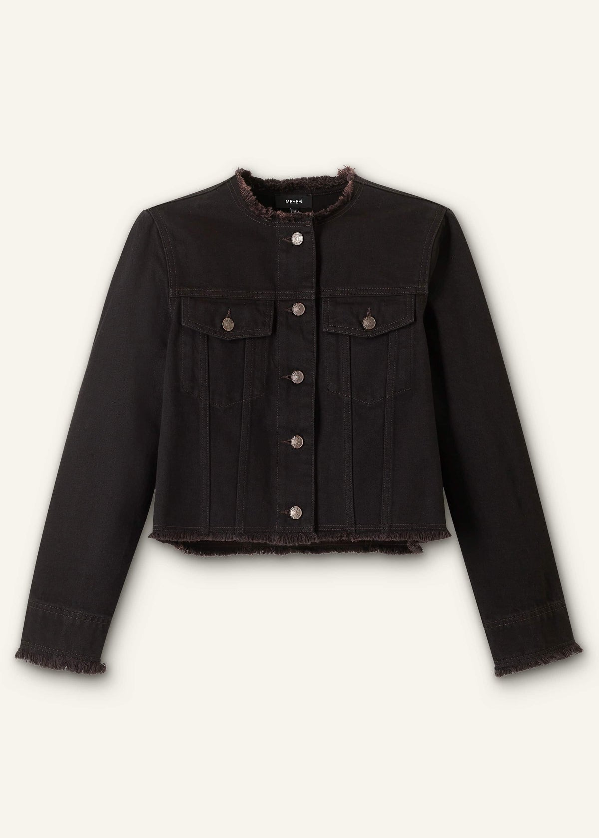 Black Collarless Fray Jacket | ME+EM