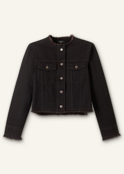 Black Collarless Fray Jacket | ME+EM