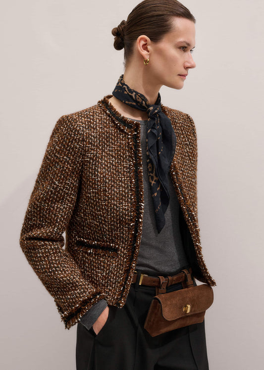Brown Slim Tweed Fringed Jacket | ME+EM