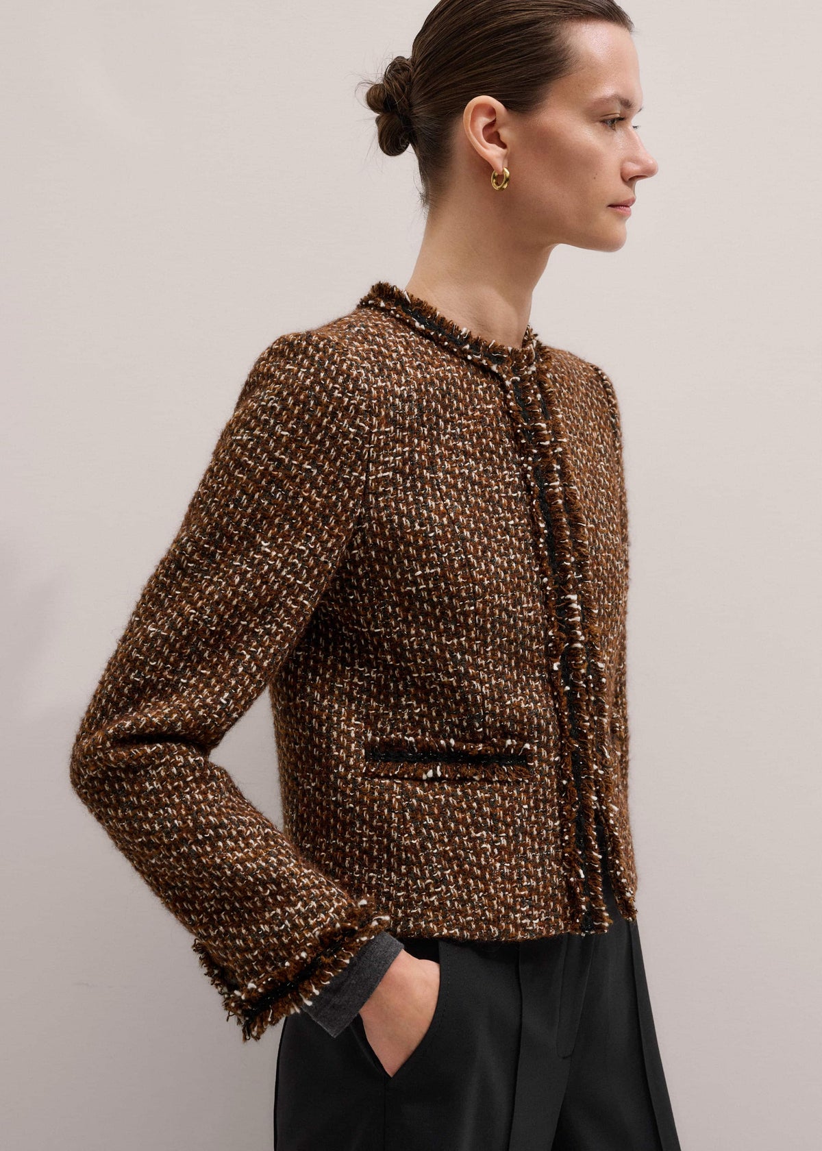 Brown Slim Tweed Fringed Jacket | ME+EM