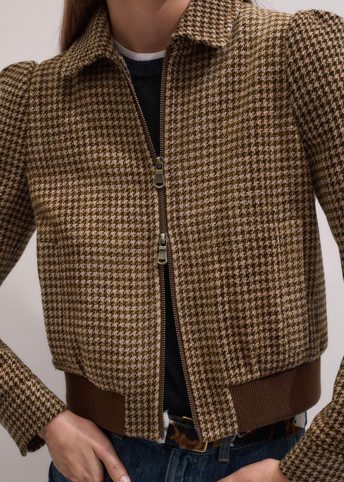Brown Super Soft Houndstooth Bomber Jacket | ME+EM