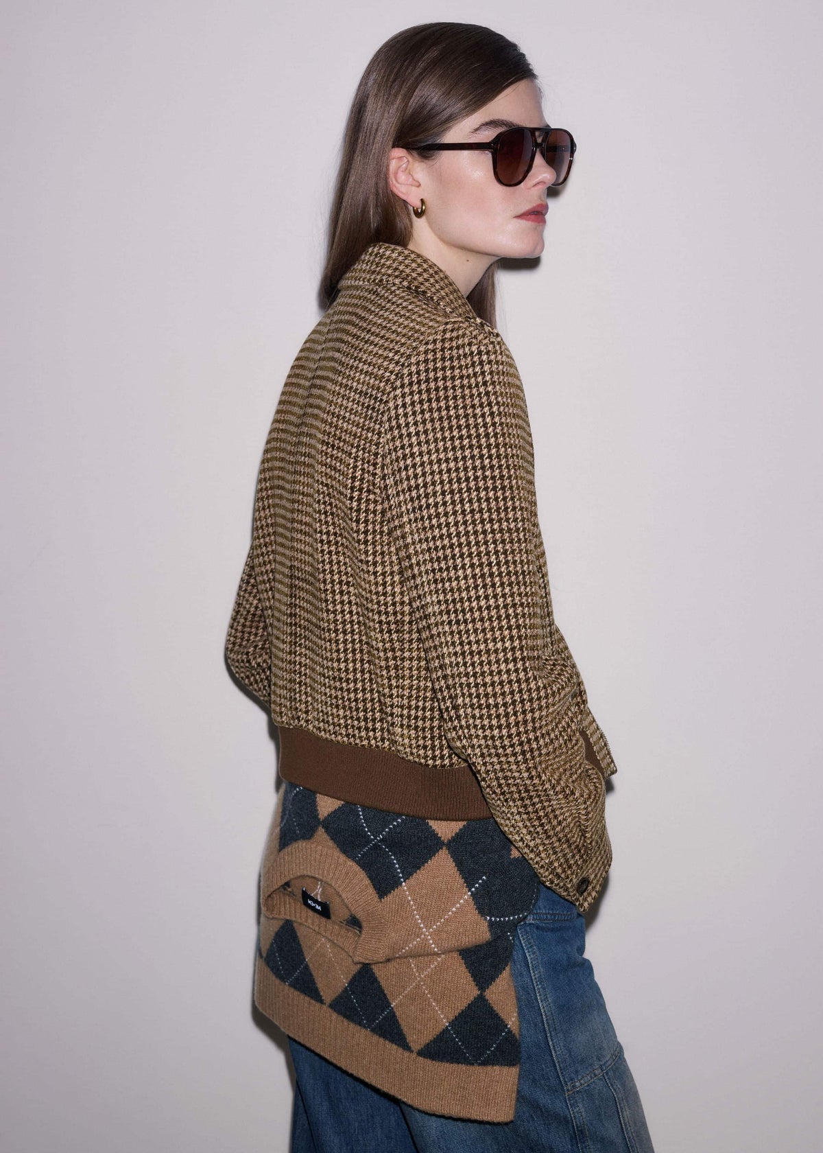 Brown Super Soft Houndstooth Bomber Jacket | ME+EM