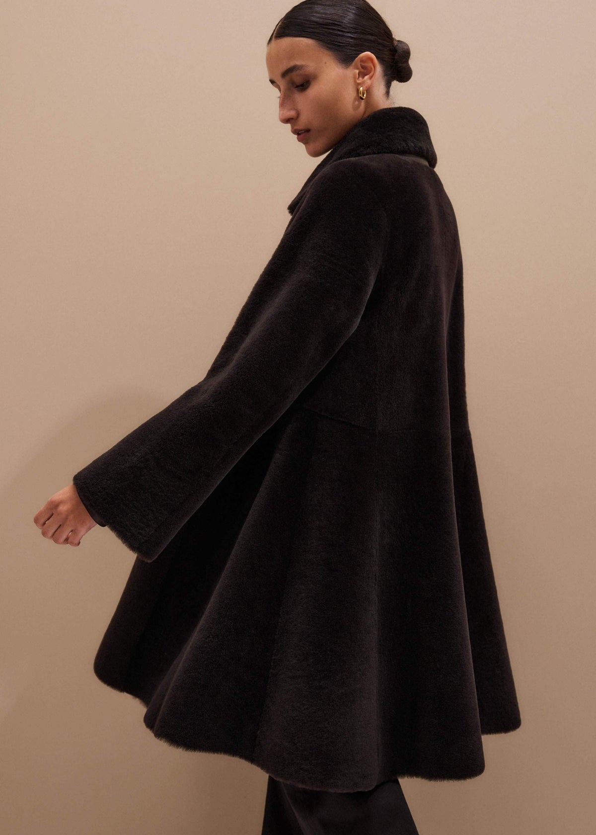 Brown Luxe Shearling Leather Mix Swing Coat | ME+EM