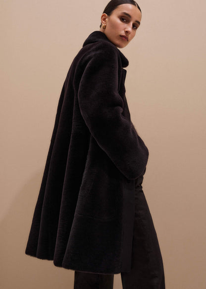 Brown Luxe Shearling Leather Mix Swing Coat | ME+EM