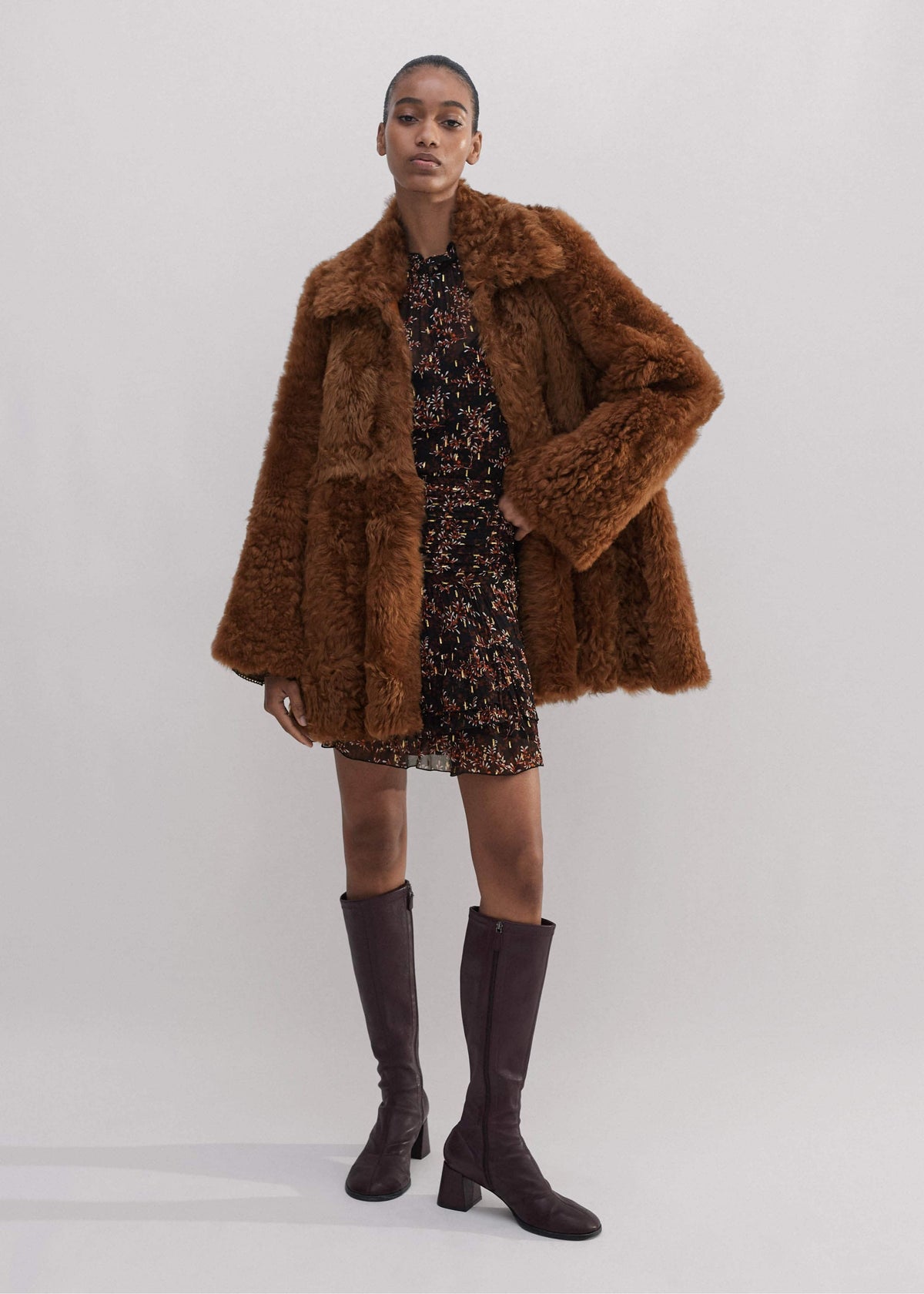 Brown Luxe Shearling Swing Coat | ME+EM