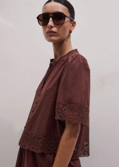Cinnamon Brown Lace Trim Crop Top | ME+EM