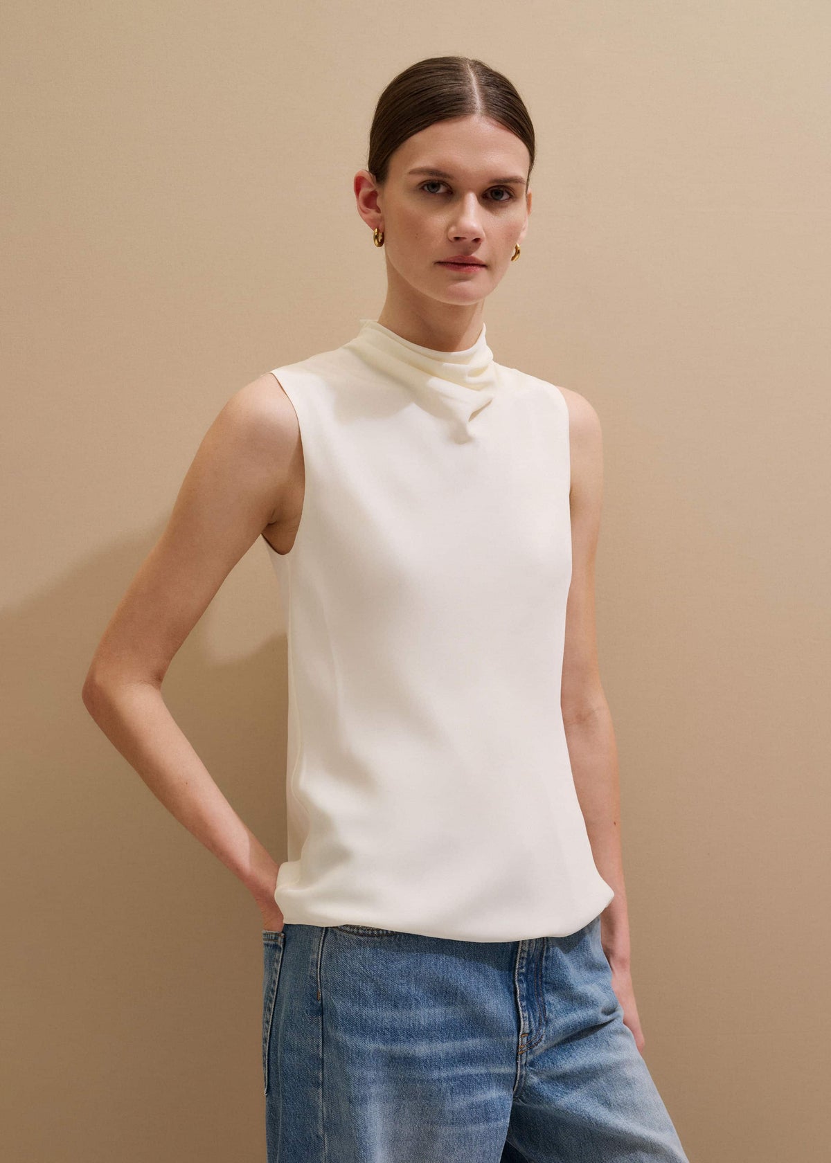 Cream Silk Elevated Cowl Neck Top | ME+EM