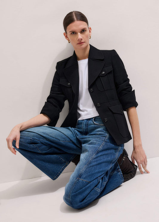 Black Longline Fitted Military Jacket | ME+EM
