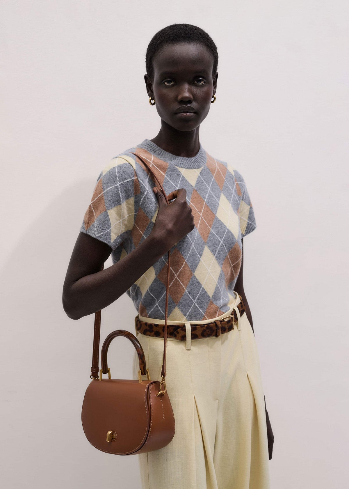 Dark Tan Resin Top Handle Structured Saddle Bag | ME+EM