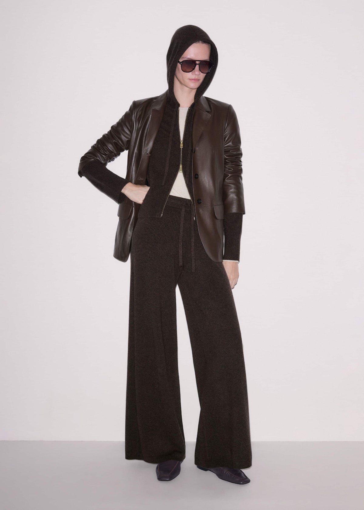 Brown Cashmere Straight Hoodie + Wide-Leg Pant Knitted Co-ord | ME+EM