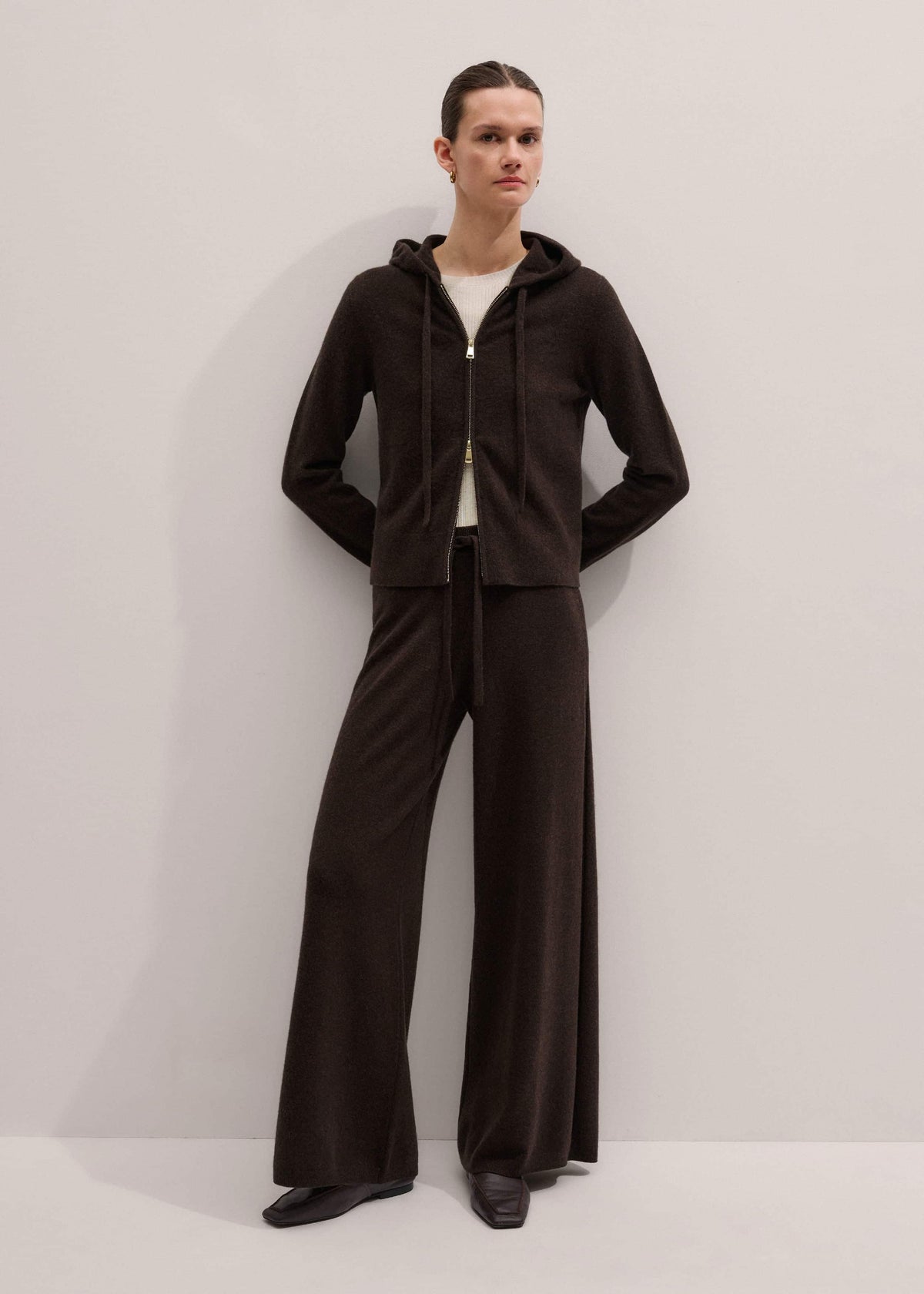 Brown Cashmere Straight Hoodie + Wide-Leg Pant Knitted Co-ord | ME+EM