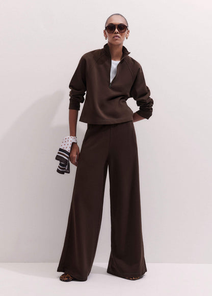 Brown High Zip Neck Crop Top + Wide-Leg Track Pant Co-ord | ME+EM